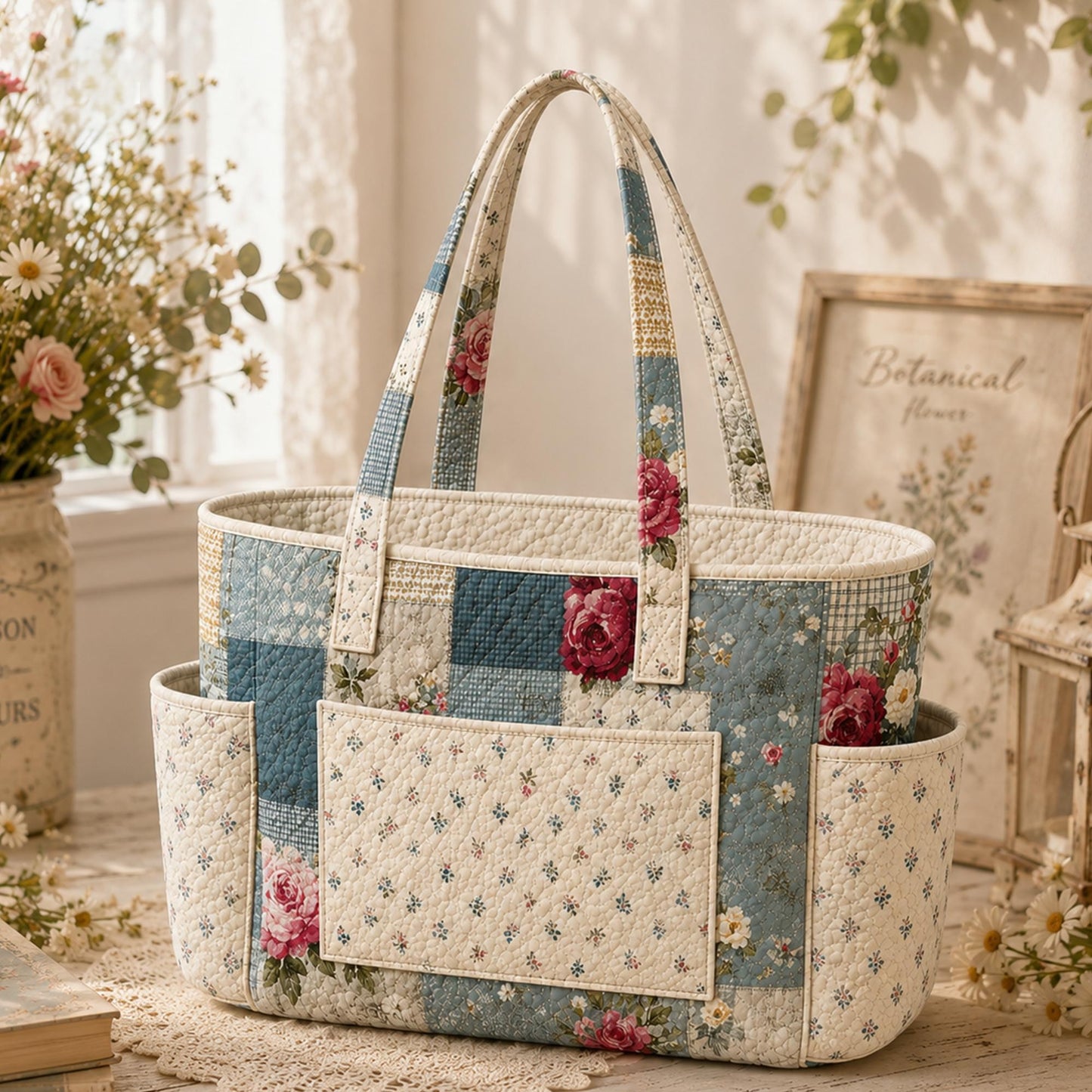 Floral Patchwork Multiple Pockets Quilted Tote Bag