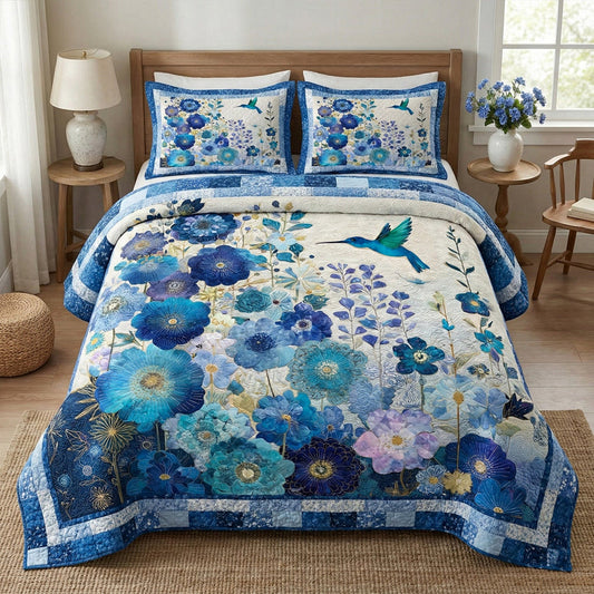 Blue Meadow Quilted Bedding Set