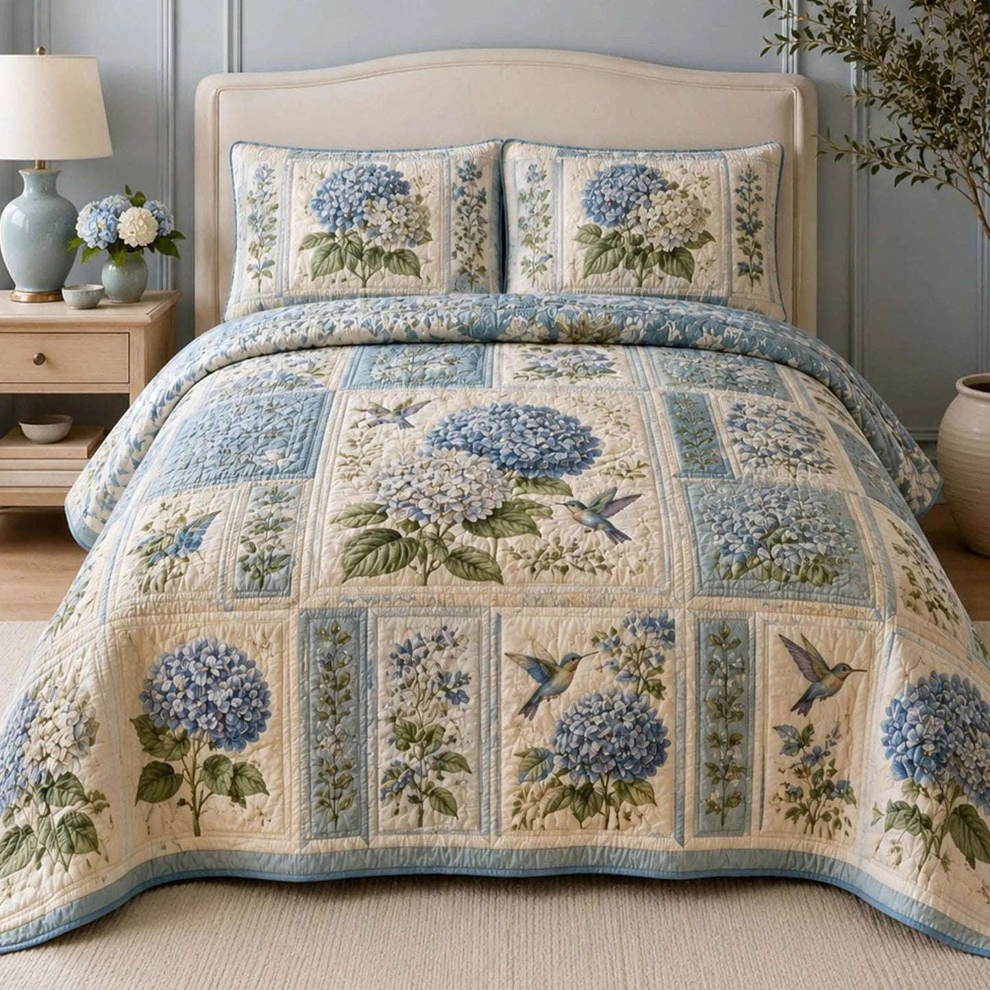 Blue Hydrangea Quilted Bedding Set