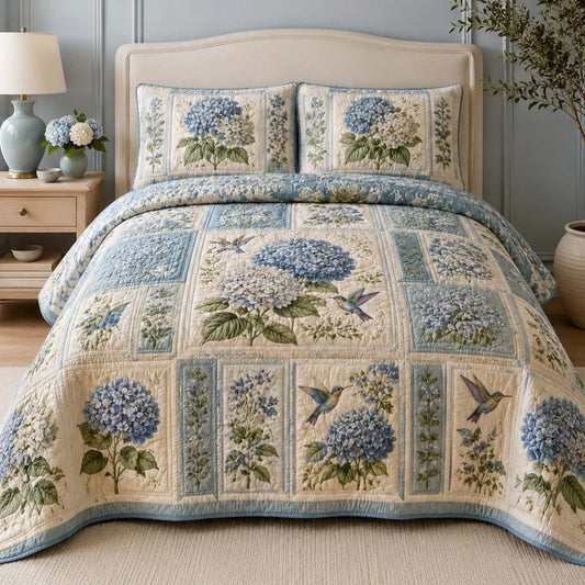 Blue Hydrangea Quilted Bedding Set
