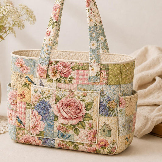 Vintage Floral Multiple Pockets Quilted Tote Bag