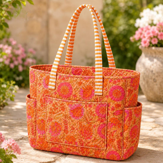 Vibrant Floral Multiple Pockets Quilted Tote Bag