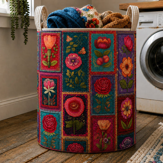 Colorful Floral Patchwork Quilted Laundry Basket