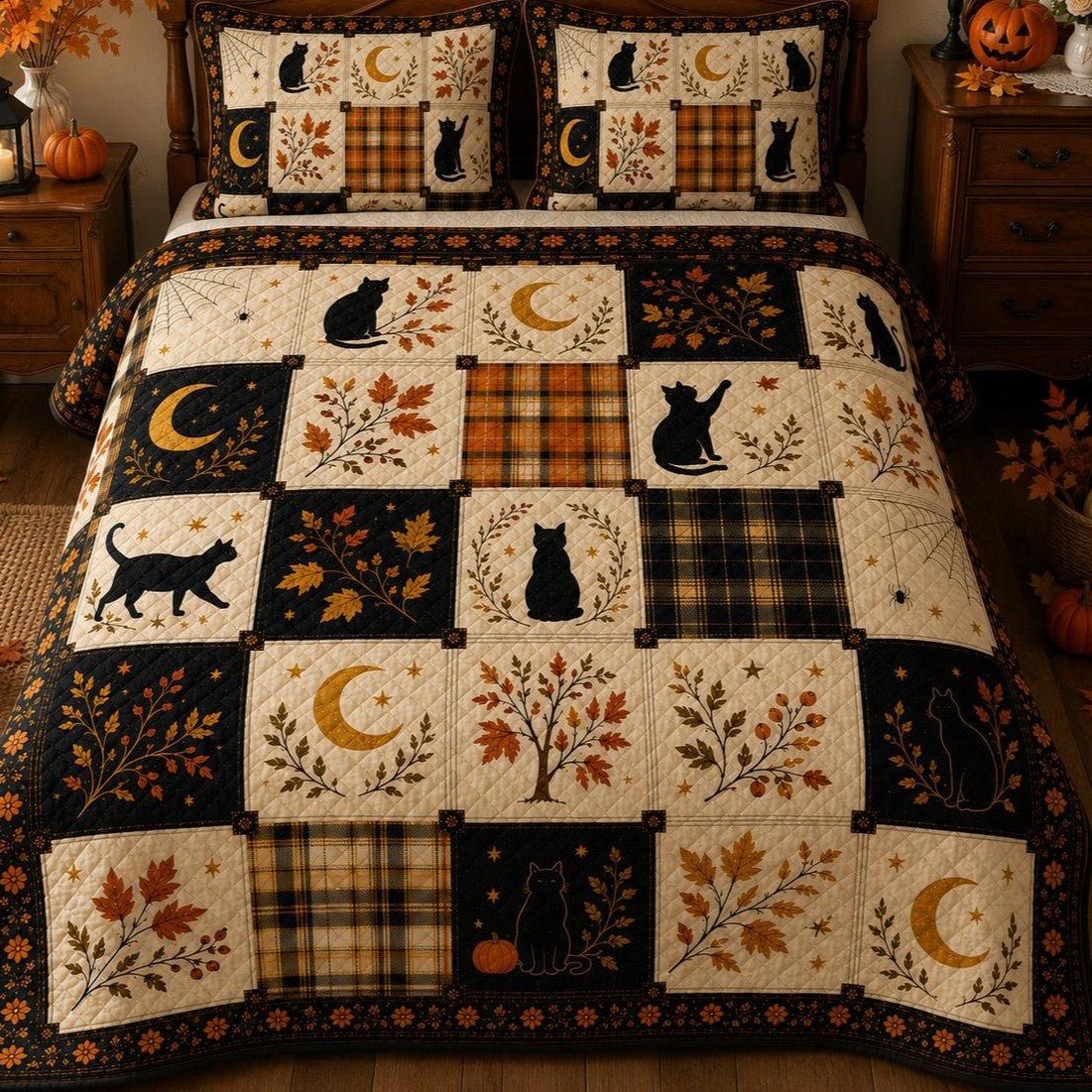 Halloween Black Cat Quilted Bedding Set