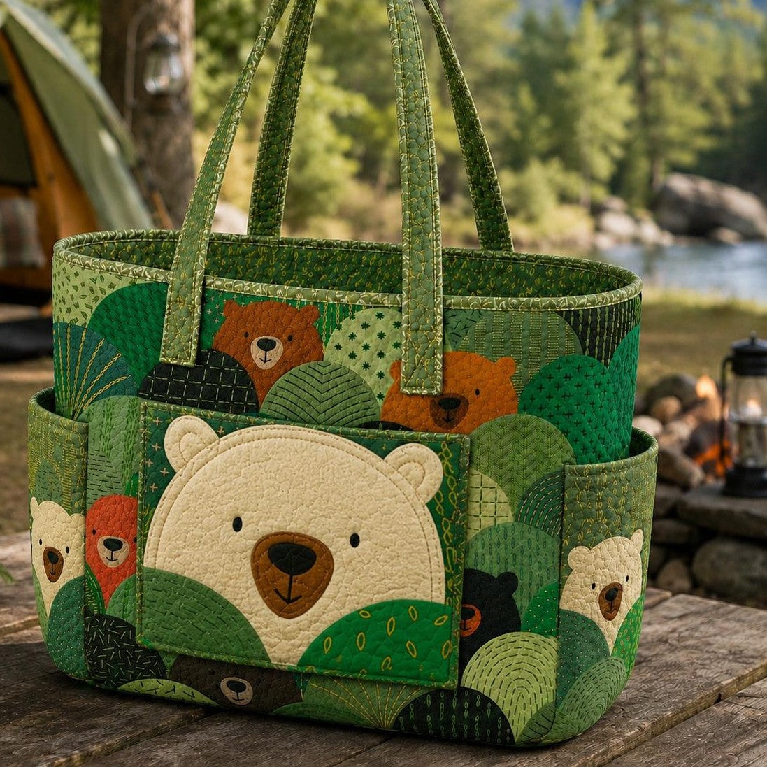 Bear Forest Multiple Pockets Quilted Tote Bag