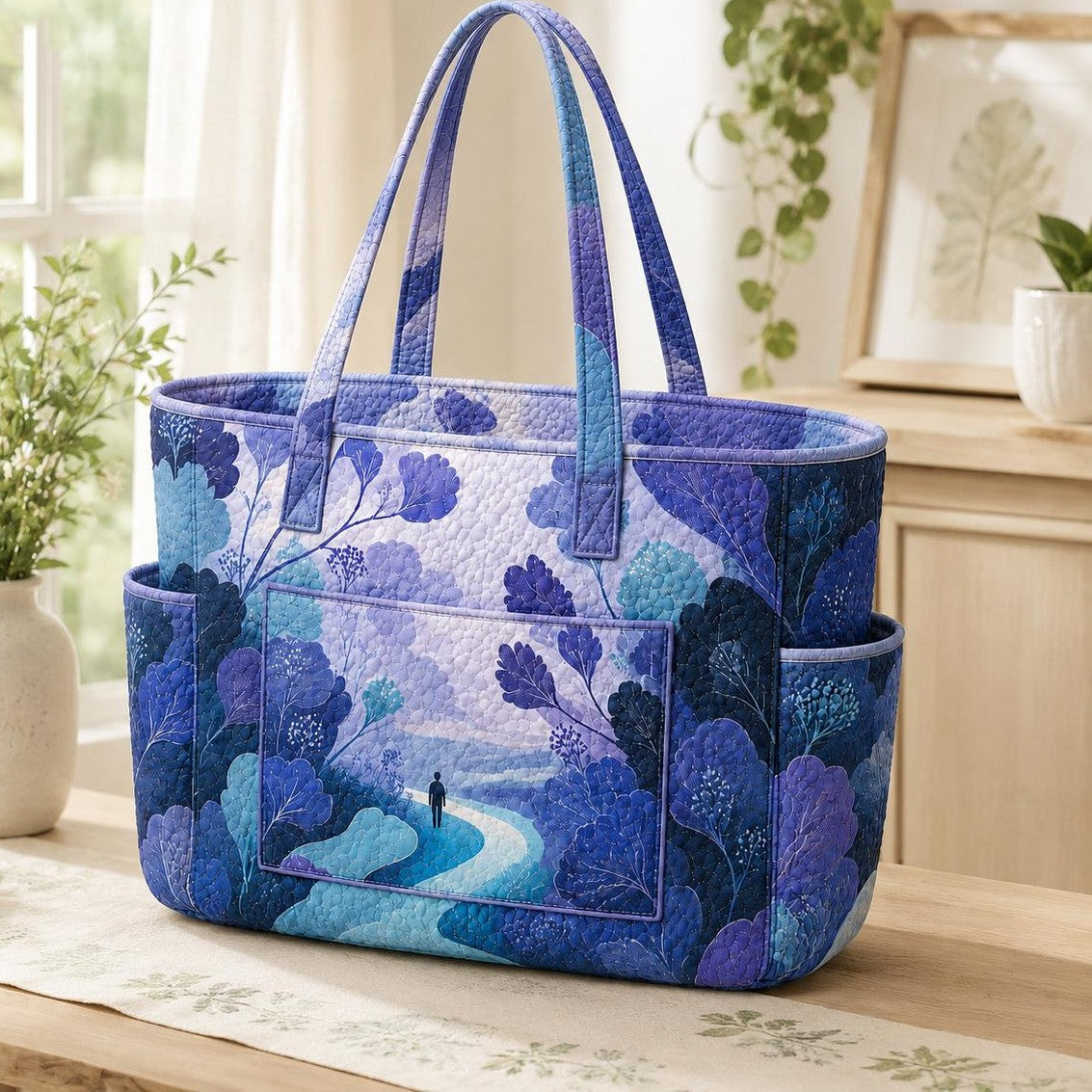 Artistic Blue Landscape Multiple Pockets Quilted Tote Bag
