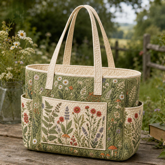 Cottagecore Floral Multiple Pockets Quilted Tote Bag