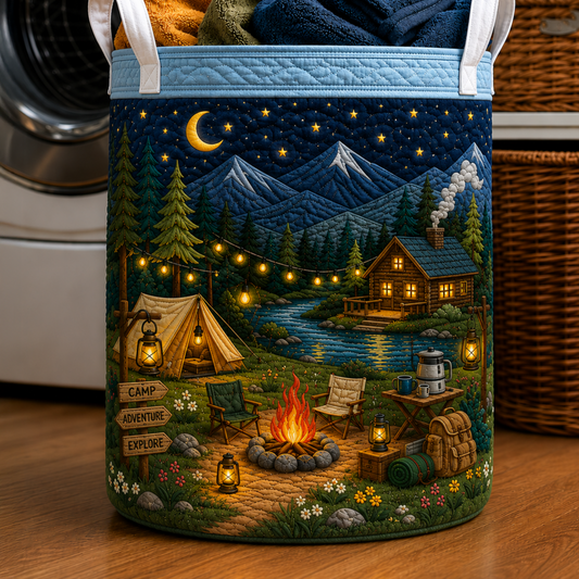 Night Camping Adventure Cabin Quilted Laundry Basket