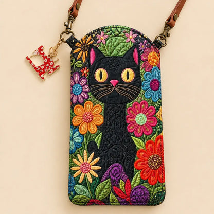 Black Cat Bright Floral Quilted Slim Phone Crossbody Bag