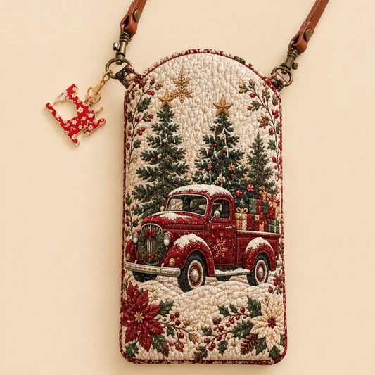 Red Vintage Christmas Truck Quilted Slim Phone Crossbody Bag