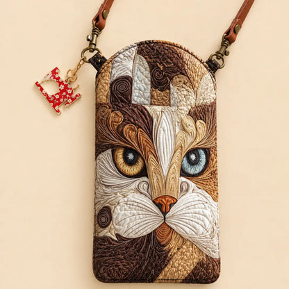 Brown Cat Face Quilted Slim Phone Crossbody Bag