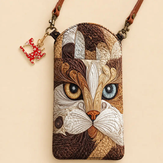 Brown Cat Face Quilted Slim Phone Crossbody Bag