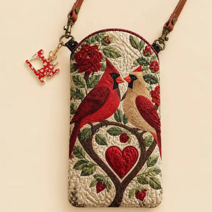 Pair Cardinal Birds Heart Tree Quilted Slim Phone Crossbody Bag
