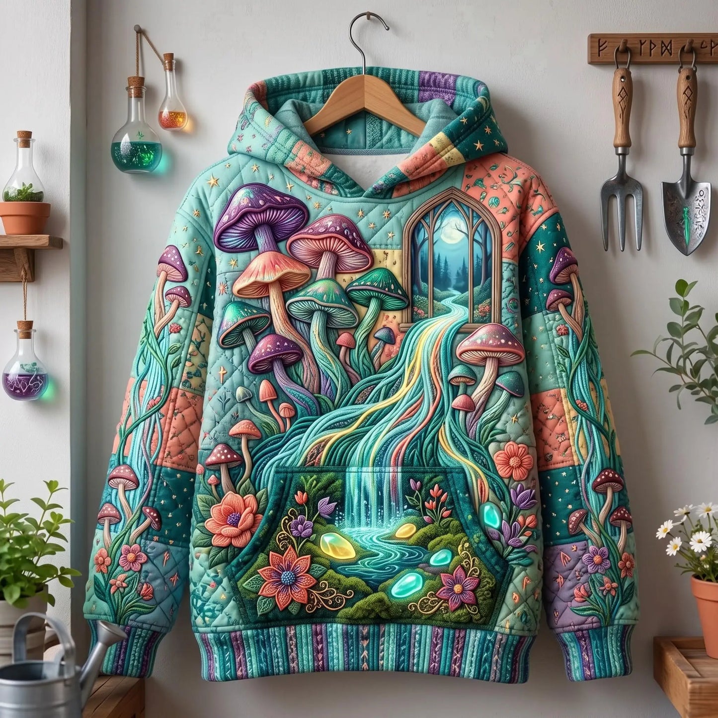 Enchanted Mushroom Quilted Casual Hoodie
