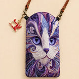 Purple Swirl Art Cat Face Quilted Slim Phone Crossbody Bag