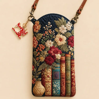 Vintage Floral Books Quilted Slim Phone Crossbody Bag