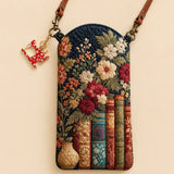 Vintage Floral Books Quilted Slim Phone Crossbody Bag