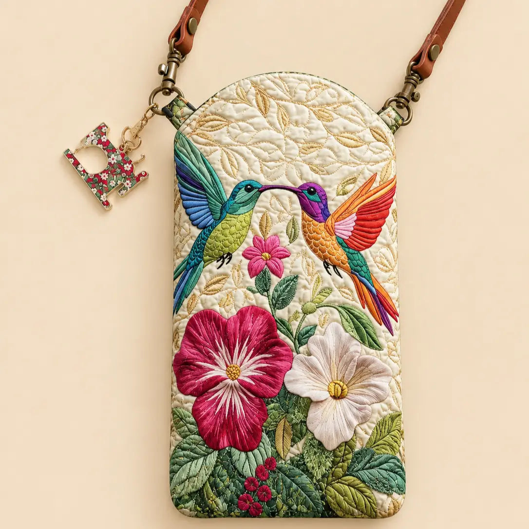Colorful Pair Hummingbirds Flower Quilted Slim Phone Crossbody Bag
