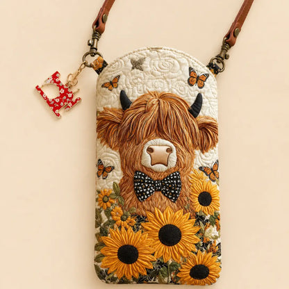 Highland Cow Sunflower Butterfly Quilted Slim Phone Crossbody Bag