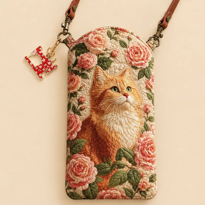 Ginger Cat Pink Roses Quilted Slim Phone Crossbody Bag