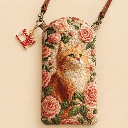 Ginger Cat Pink Roses Quilted Slim Phone Crossbody Bag