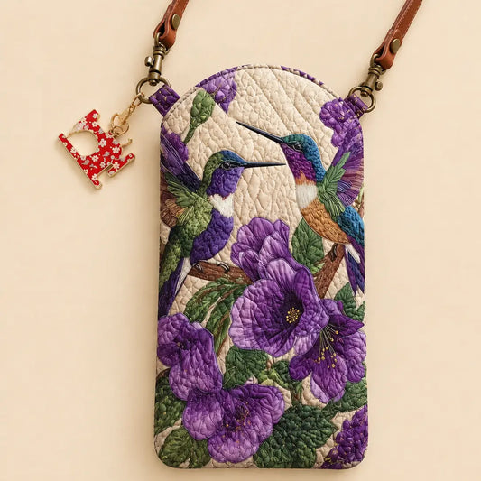 Purple Flower Two Hummingbirds Quilted Slim Phone Crossbody Bag