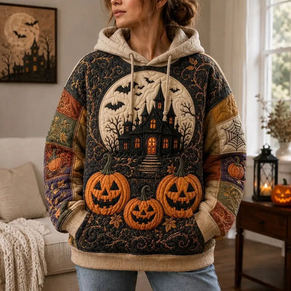 Haunted Halloween Pumpkin Quilted Casual Hoodie