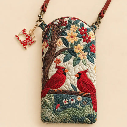 Pair Red Cardinal Birds Floral Quilted Slim Phone Crossbody Bag