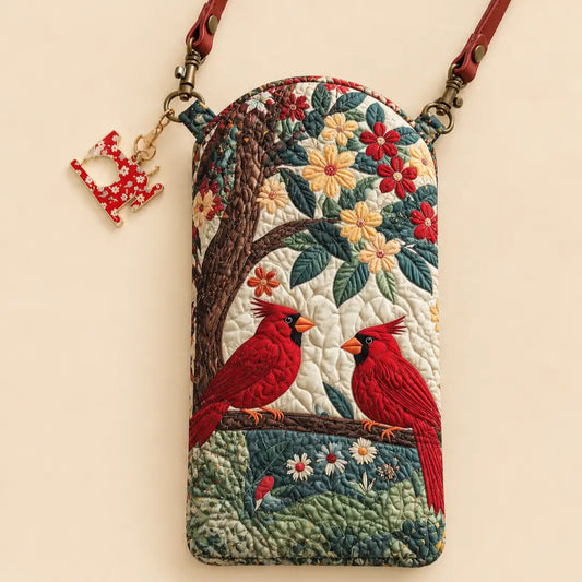 Pair Red Cardinal Birds Floral Quilted Slim Phone Crossbody Bag