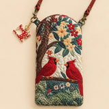 Pair Red Cardinal Birds Floral Quilted Slim Phone Crossbody Bag