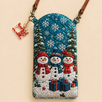 Three Snowmen Winter Christmas Quilted Slim Phone Crossbody Bag