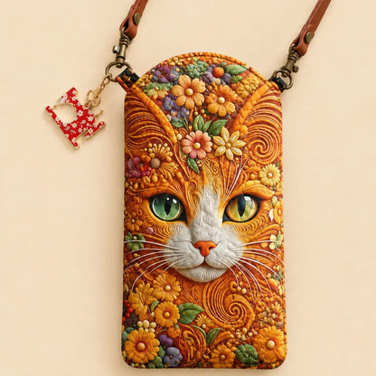 Floral Orange Cat Quilted Slim Phone Crossbody Bag