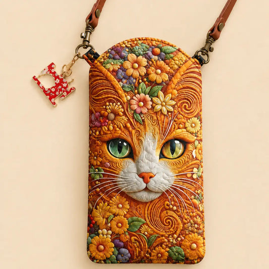 Floral Orange Cat Quilted Slim Phone Crossbody Bag