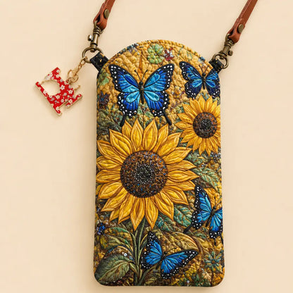 Blue Butterfly Sunflower Quilted Slim Phone Crossbody Bag