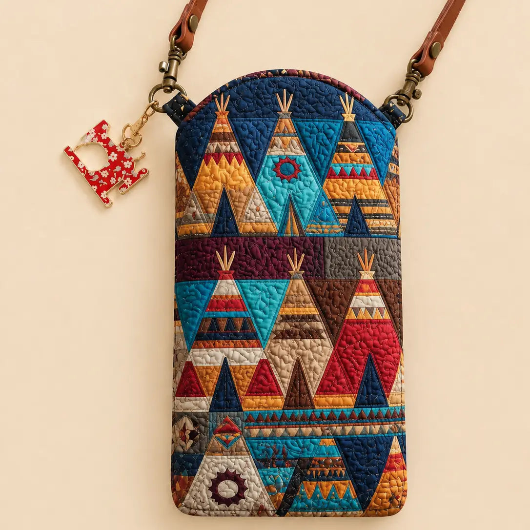 Tribal Teepee Pattern Quilted Slim Phone Crossbody Bag