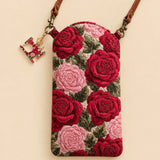 Red Pink Roses Floral Quilted Slim Phone Crossbody Bag