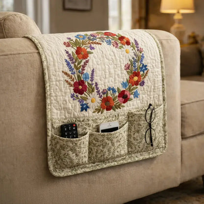 Floral Wreath Quilted Sofa Armrest Organizer