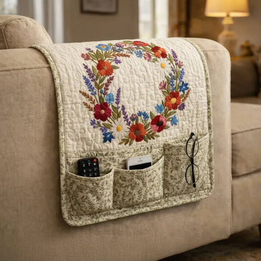 Floral Wreath Quilted Sofa Armrest Organizer