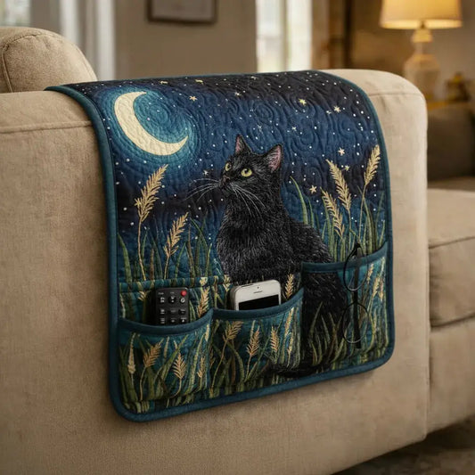 Midnight Black Cat Quilted Sofa Armrest Organizer