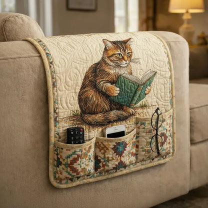 Reading Cat Quilted Sofa Armrest Organizer