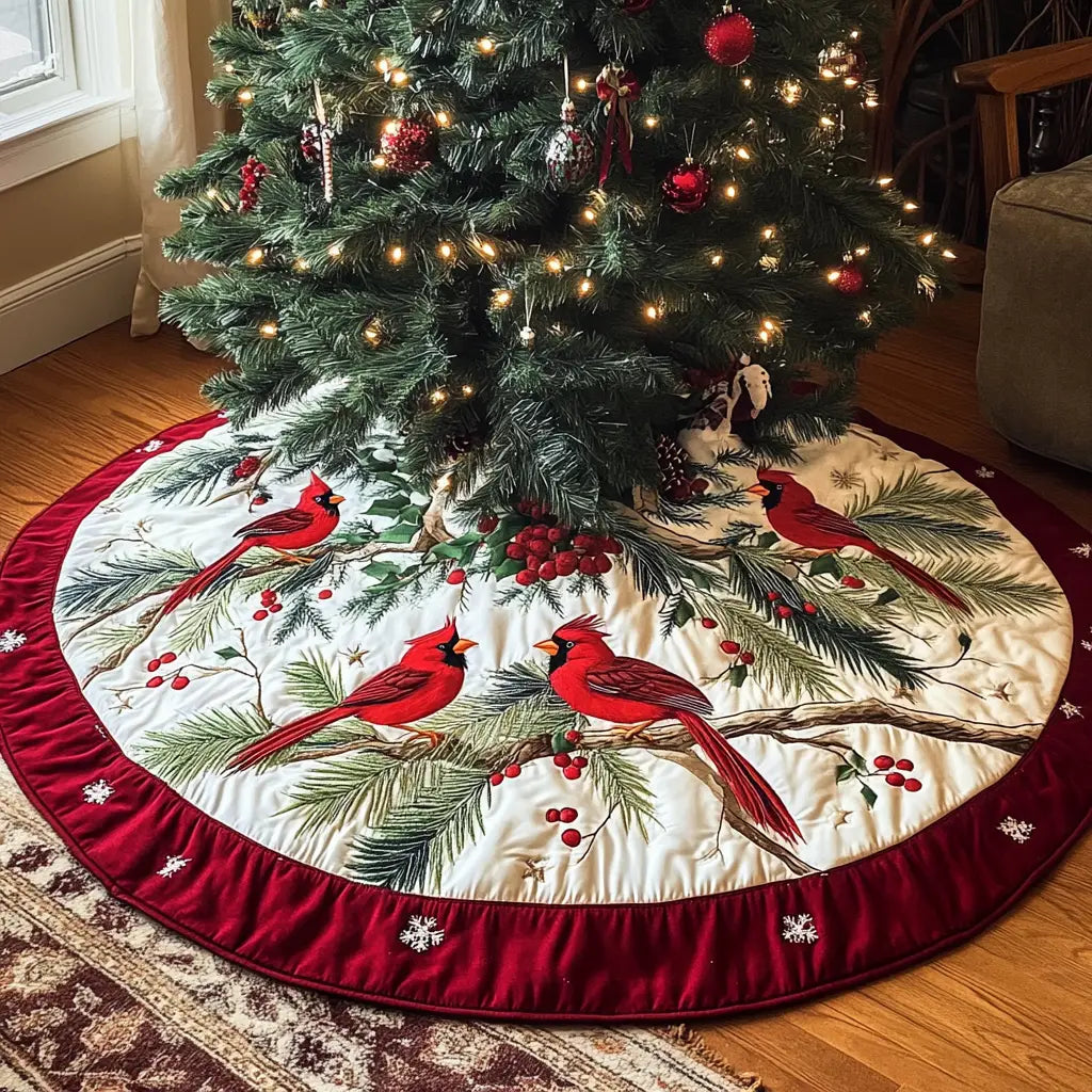 Cardinal Berry Christmas Quilted Tree Skirt