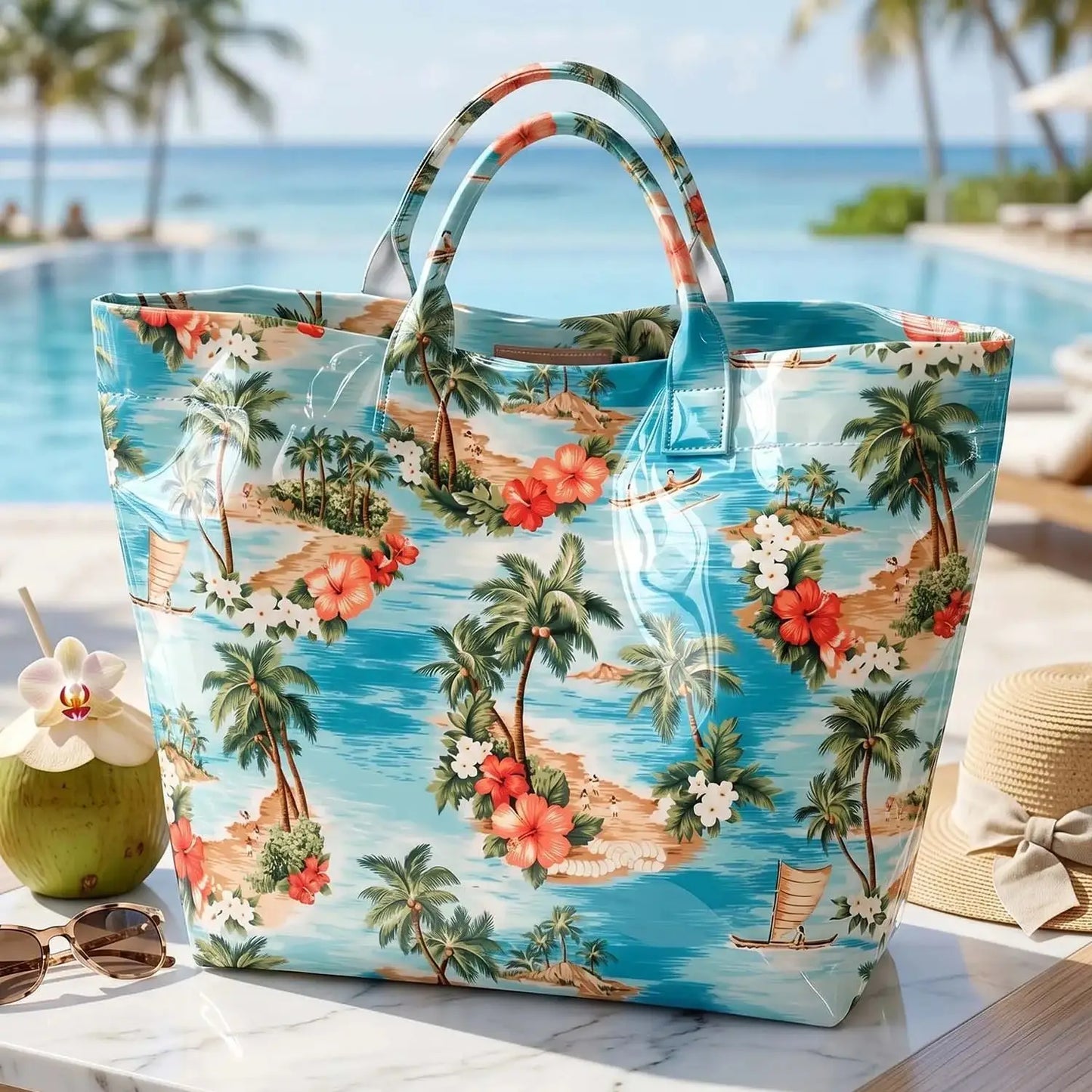 Hawaii Flower Print PVC Tote Bag