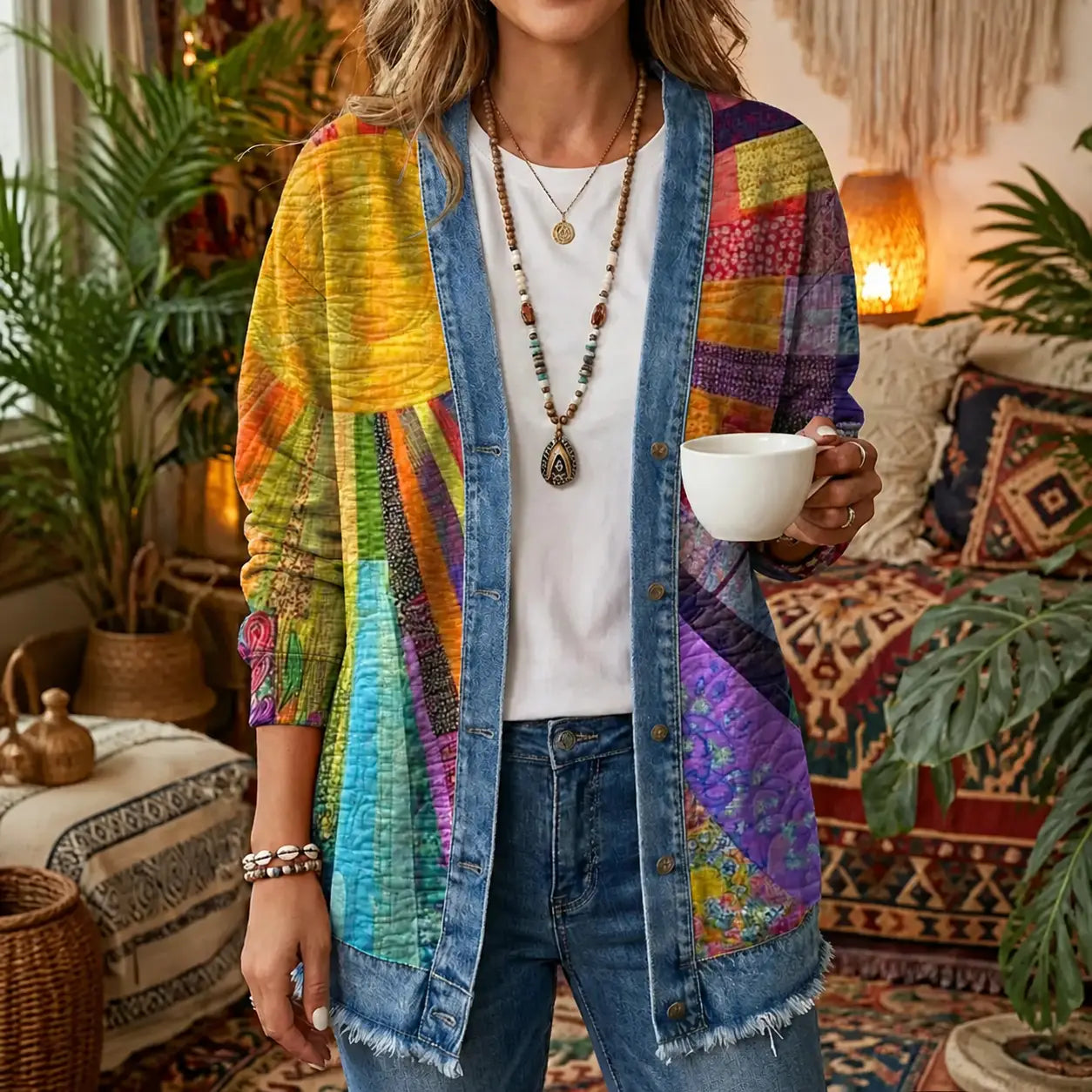 Vintage Sun 3D Digital Printing Denim Shirt