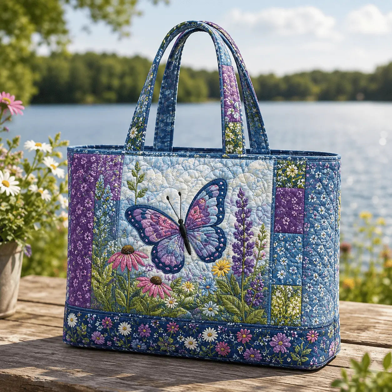 Botanical Butterfly Flower Meadow Handmade Tote Bag