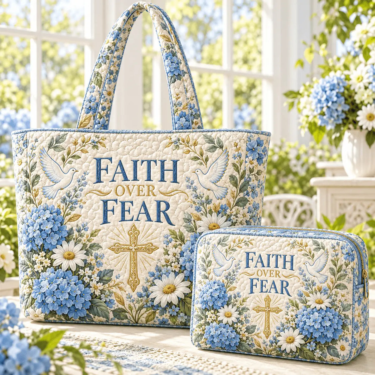 2pcs Faith Over Fear Cross Quilted Tote Bag Set