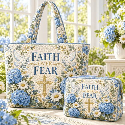 2pcs Faith Over Fear Cross Quilted Tote Bag Set