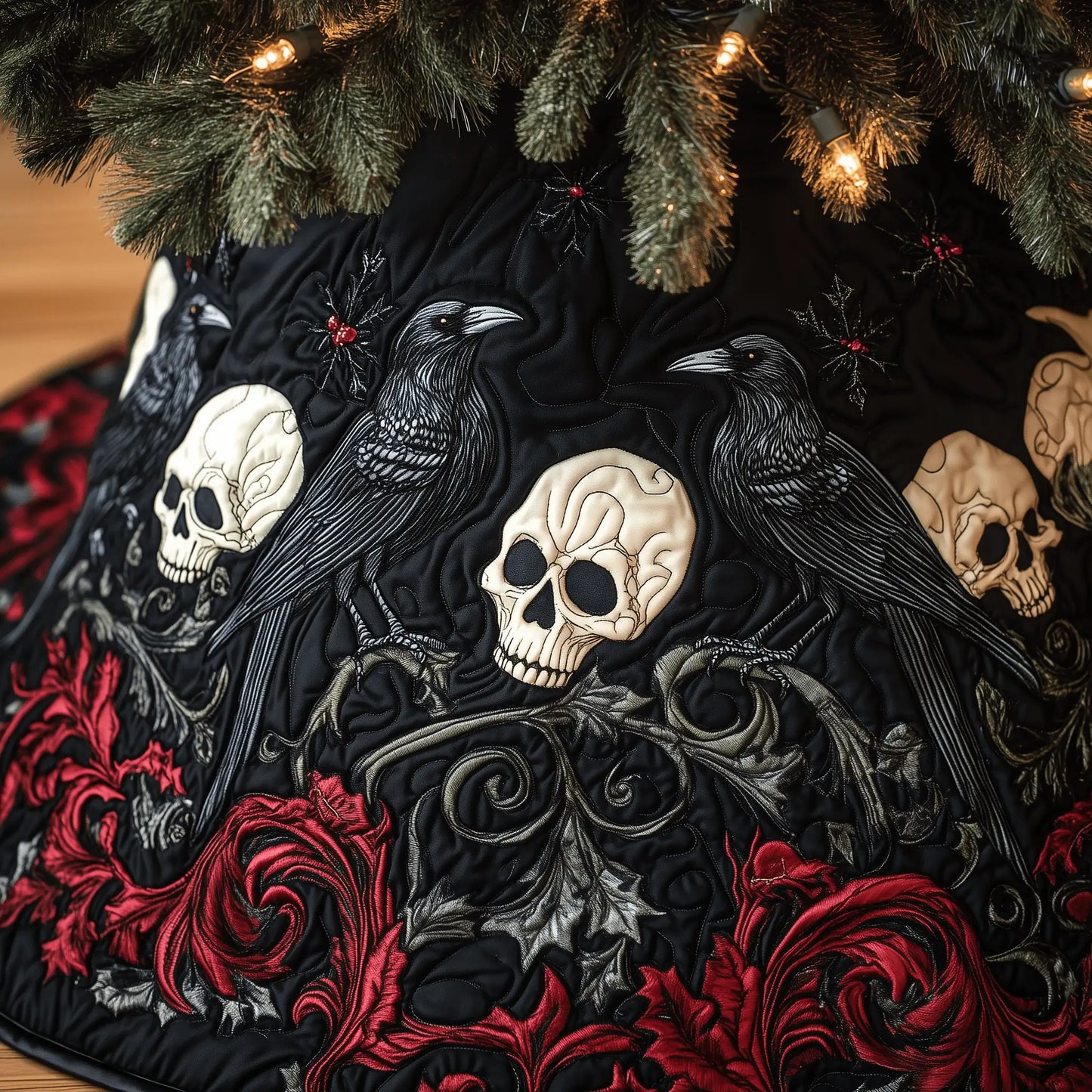 Christmas Skull And Black Crow Quilted Tree Skirt