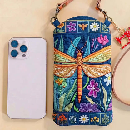 Jungle Dragonfly Wildflower Quilted Slim Phone Crossbody Bag