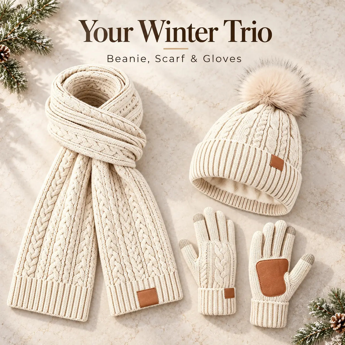 3 in 1 Winter Warmer Beanie Fleece Lined Knit Hat Scarf Gloves Gift Set