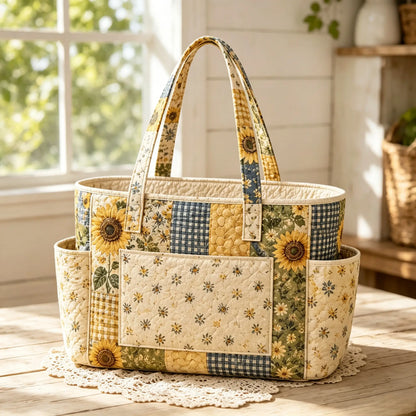 Sunflower Floral Multiple Pockets Quilted Tote Bag